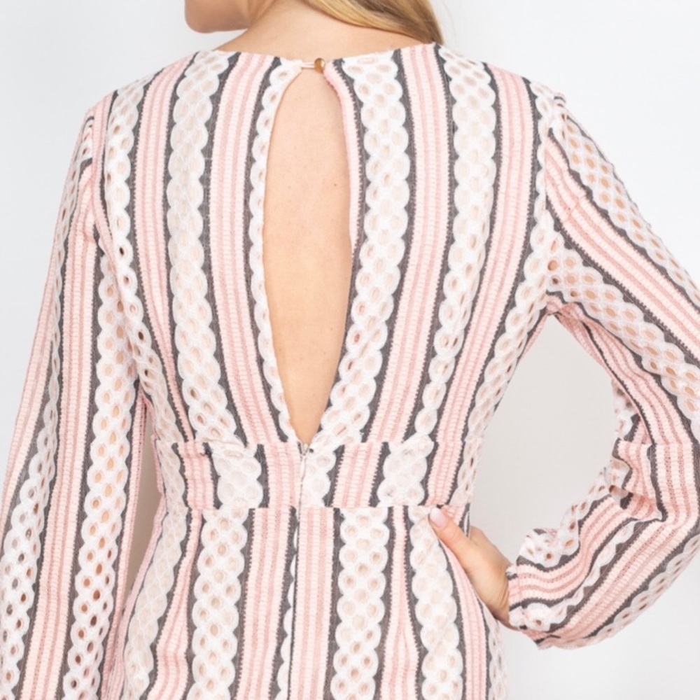 ❌DONATED❌Blush Pink Crochet Eyelets Striped Deep V Lined Dress - Picture 4 of 17